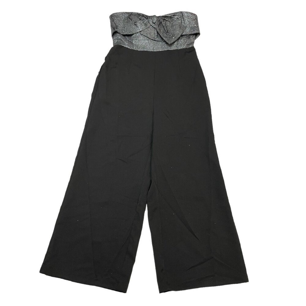 Sam‎ Edelman Jumpsuit Black Silver Metallic Bow Strapless Wide Leg Size 10 Event
